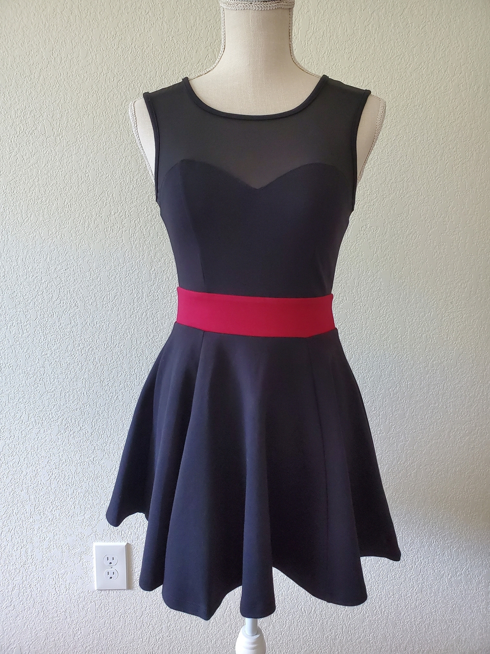 Olsenboye Black Mini Dress with Red Waistband